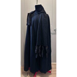 TRILOGI Vtg Coat Cape Wool with Fur Mink Trim Tail Scarf Black One Size Missy